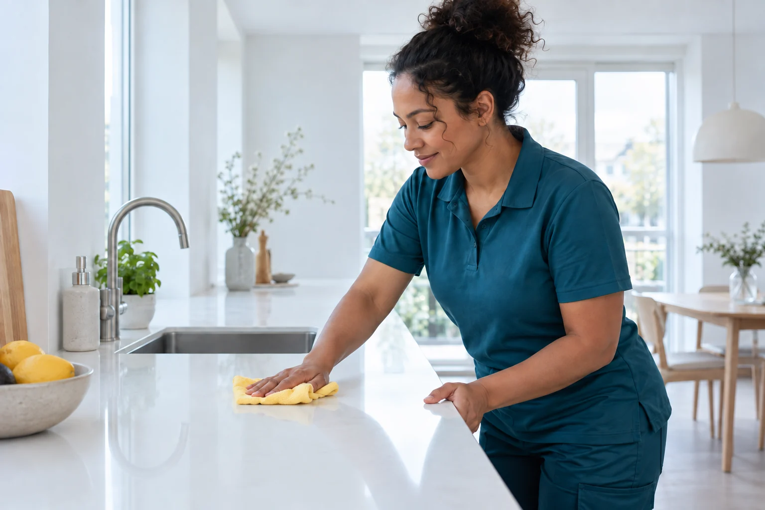 Sfeerbeeld: een schoonmaker reinigt een keuken.