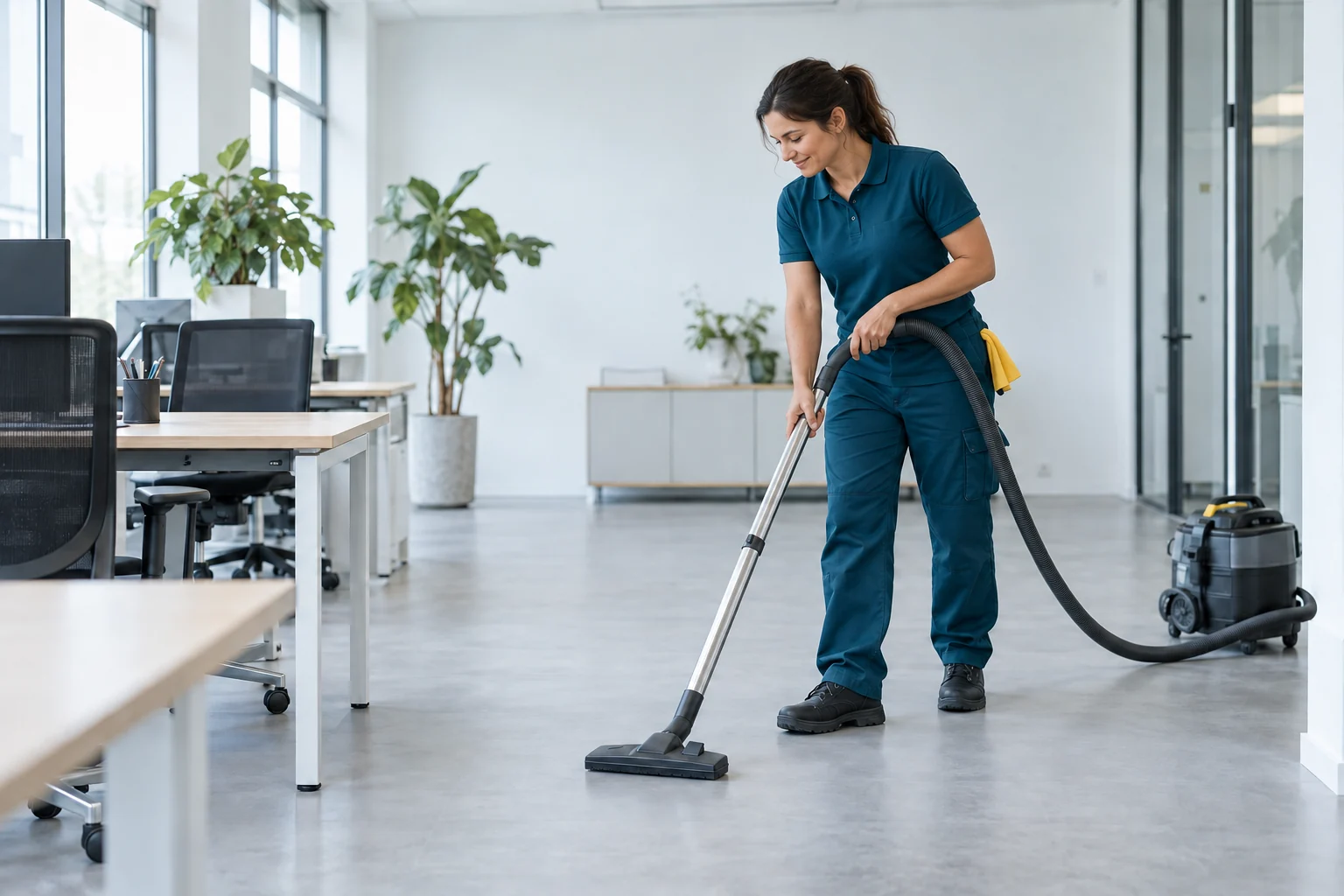 Sfeerbeeld: een schoonmaker stofzuigt een kantoor.